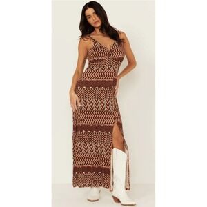 Rock & Roll Denim Womens Southwestern Geometric‎ Print Maxi Dress Rust Gold M